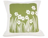Decorative Pillow, Cushion, Olive Green Wild Flowers,15x15", Silk screened on bark cloth