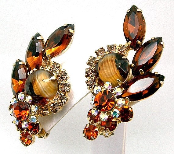 Vintage Juliana Earrings Striped Art Glass & AB Rhinestone DeLizza And Elster Book Piece