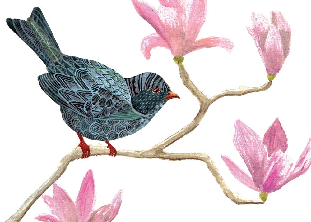Bird on Magnolia Flowers Art Print 8x10