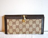 Vintage GUCCI Wallet Monogram Brown Leather Hand Closure Coin Clutch