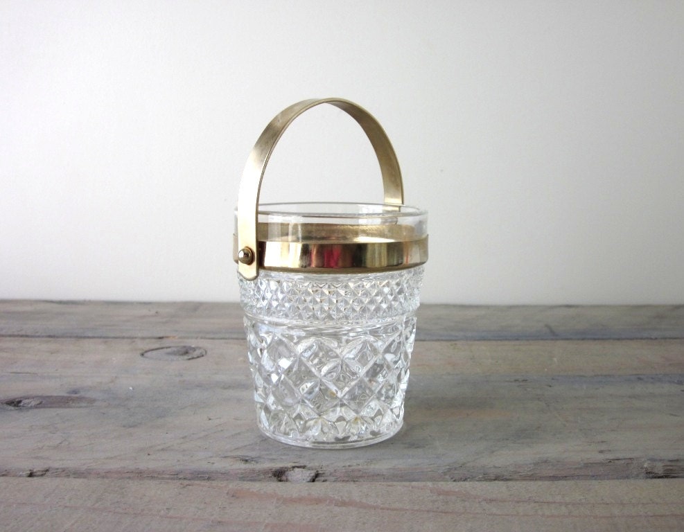 Small Pressed Glass Bucket with Gold Metal Handle