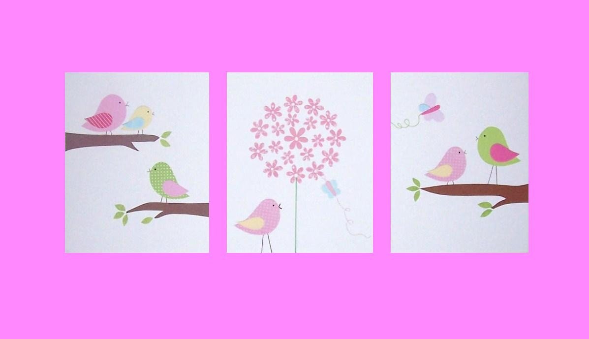 Nursery Decor, Kids Wall Art, Baby Girl, Children's Room Decor, Pink, Yellow, Blue, Bird, Hayley's Girls, Set of 3, 8x10 Art Prints