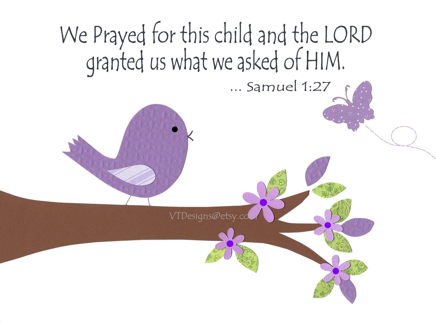 Baptism Gift, Christian Nursery Decor,Baby Girl Nursery, Purple, Bird, Verse, We Prayed for This Child, 8x10 Print