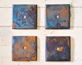 Vintage Blued Steel Metal Plates - Salvage Rusty Hardware Square Frames - Set of 4
