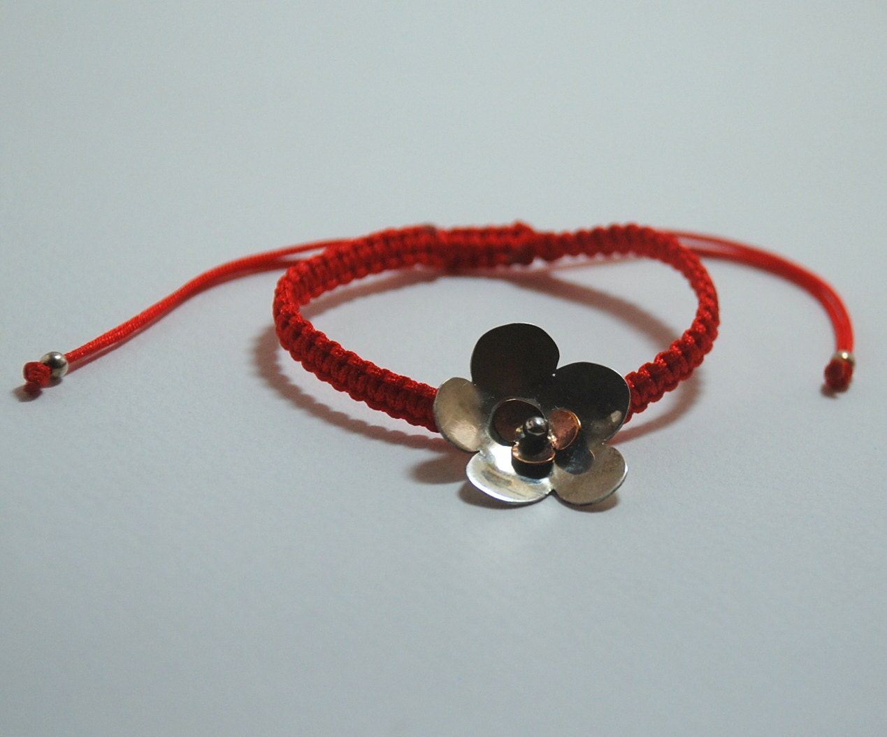 Sterling Silver Flower Red Rope  Cord Adjustable Charm  Bracelet