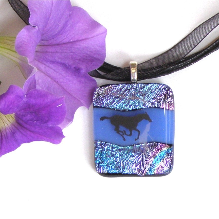 Dichroic Fused Glass Pendant Necklace, Running Horse on Blue Glass