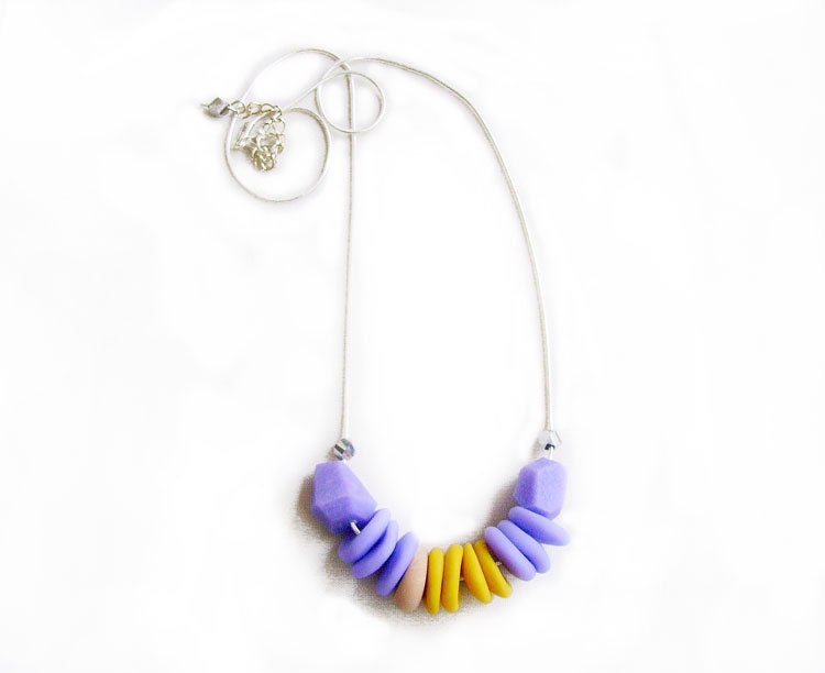 Geometric Pastel Necklace - Lavender and Yellow Color Blocking Handmade Polymer Clay Beaded Necklace
