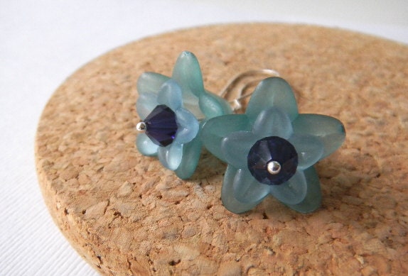 Teal Blue Flower Earrings Spring Earrings Summer Earrings Fashion Jewelry Sterling Silver Earwires