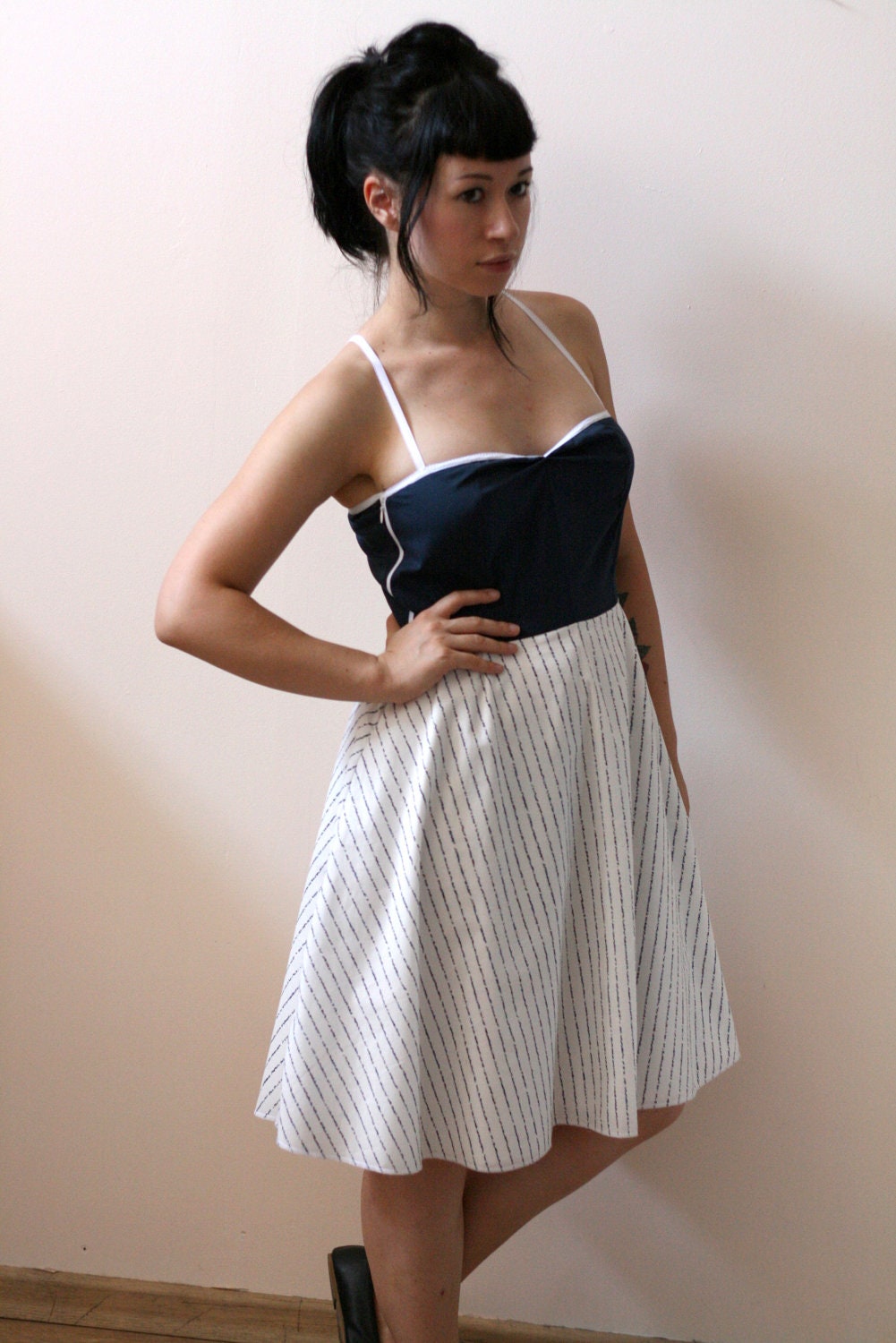 Nautical dress. Navy dress.Pin up style dress.White lace dress. navy bridesmaid dress.Striped dress.15% OFF -summer sale