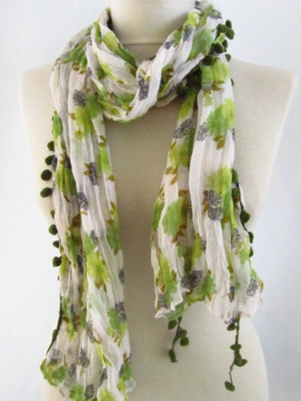 Rectangle scarf  Pom pom scarf  Guipure Scarf ..