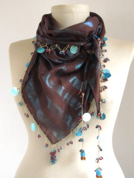 Tringle Dark Brown-Blue emerald Turkish Yemeni oya scarf .,authentic, romantic, elegant, fashion