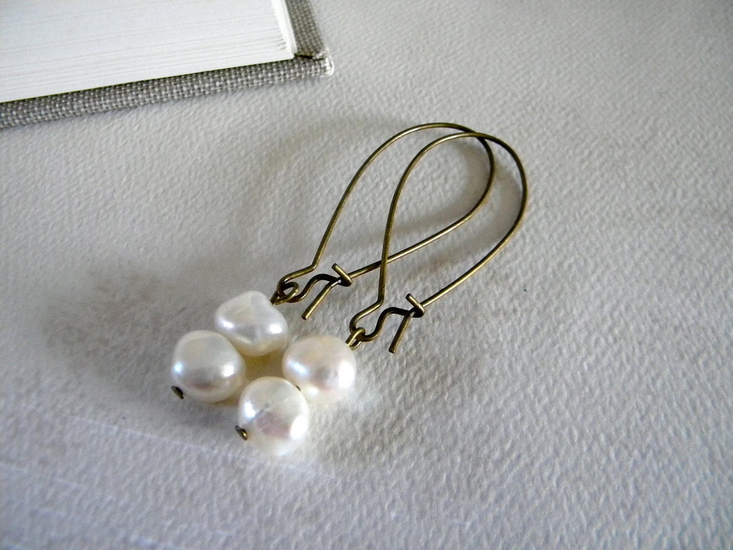 Freshwater Pearl Earrings.  Aged Brass.  Holiday Collection.