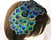 Peacock feather fascinator - Bonnet style with over 60 peacock feather eyes from ear to ear - Hollywood Regency Style - REGINA design