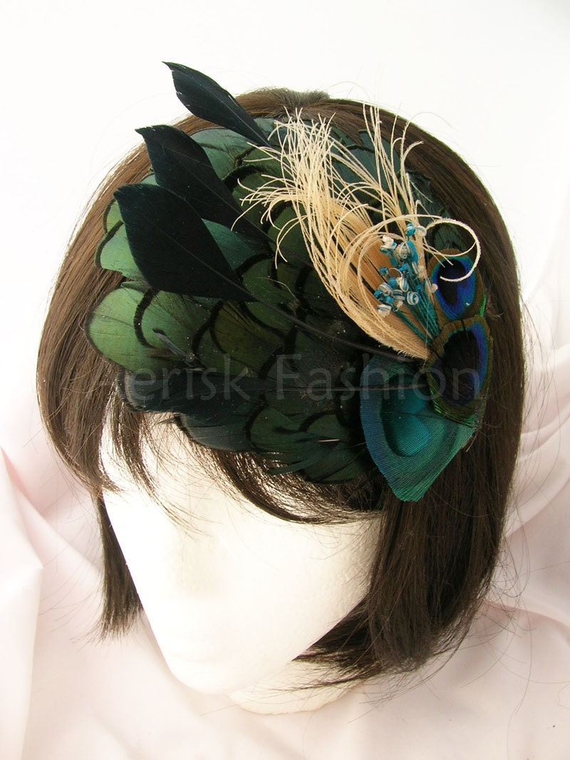 Derby feather fascinator - Peacock feather on Iridescent green feather applique -  AVERIE design  - Choose headband, comb, or hair clip