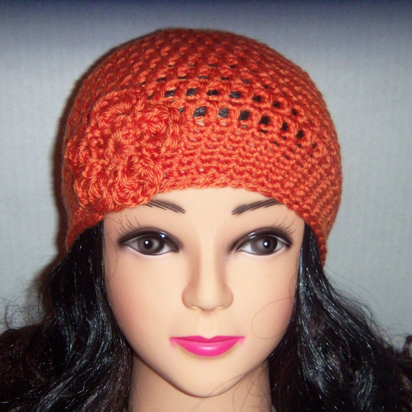 Crochet Beanie Hat Tangerine with Crochet Flower