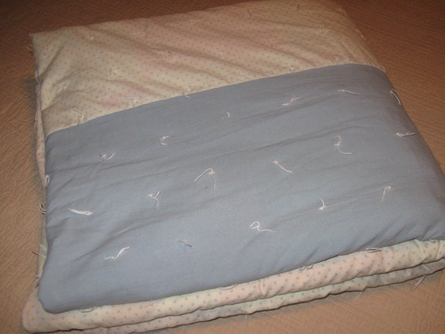 Vintage Handmade Blue White Primitive Rustic Tied Quilt Over Old Patchwork Quilt Twin or Full