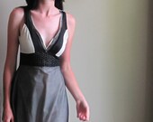 Bohemian lace dress - deep v-neck and racerback cut, night black silk chiffon and neutral ivory jersey  - small