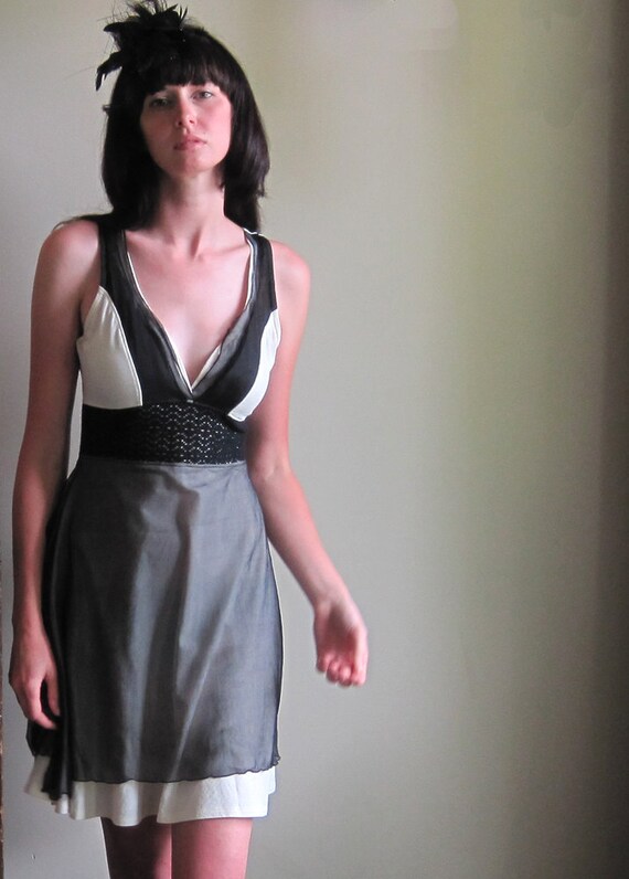 Bohemian lace dress - deep v-neck and racerback cut, night black silk chiffon and neutral ivory jersey  - small