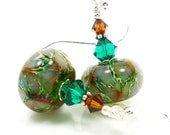 Green Brown Earrings, Boro Earrings, Lampwork Earrings, Glass Earrings, Glass Bead Earrings, Beadwork Earrings
