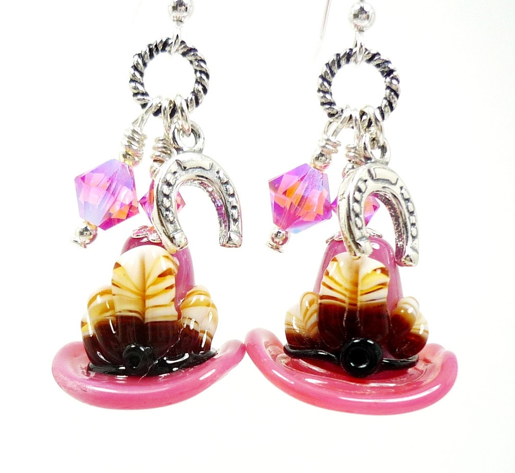 Cowboy Hat Earrings, Western Earrings, Lampwork Earrings, Glass Bead Earrings, Dangle Earrings, Country Western Earrings, Beadwork Earrings