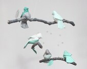 Modern Bird Mobile - Baby Nursery Decor - fabric sculpture on yarn wrapped branches in snow white, gray, mint, emerald green