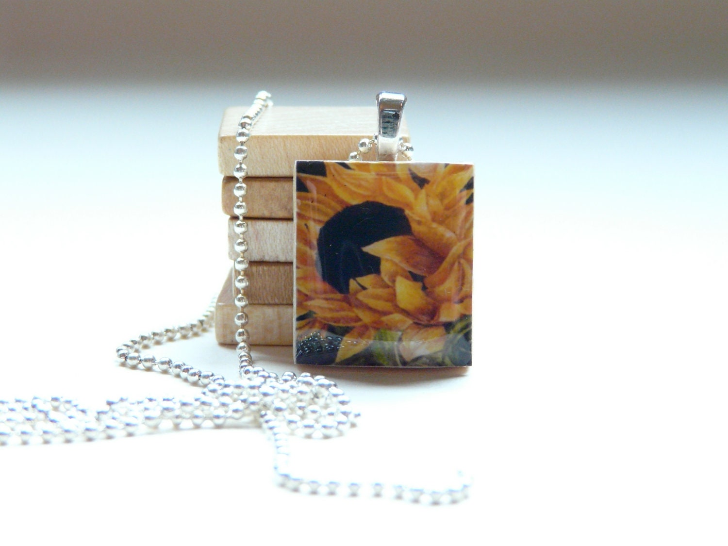 Sunflower Scrabble Tile Pendant With Silver Ball Chain Necklace (S1)