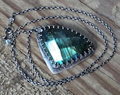 Green Labradorite Necklace in Oxidized Sterling, Bezel Set, Statement Necklace