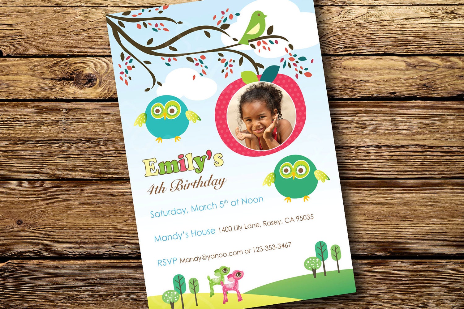 Custom Owl Woodland Tree Photo Birthday Party Invitation, Digital or Printed