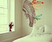 Boho Chief Warrior Inspired Headdress Decor - Full of Feathers - Vintage Surf Culture Artwork - Wall Decals by 3rdaveshore