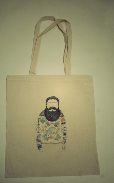SALE : Big pop Bearded tattoo man tote LONG HANDLES