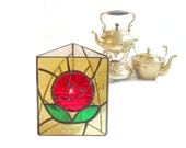 Rose Stained Glass Luminary Candle Holder Red Gold Handmade OOAK