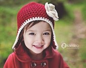 Baby Girl Flower Beanie Hat - Flower Ear Flap Hat in Cranberry and Almond with Jewel Button - Made to Order