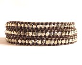Leather Wrap Bracelet for Men with Silver Nuggets on Natural Gray