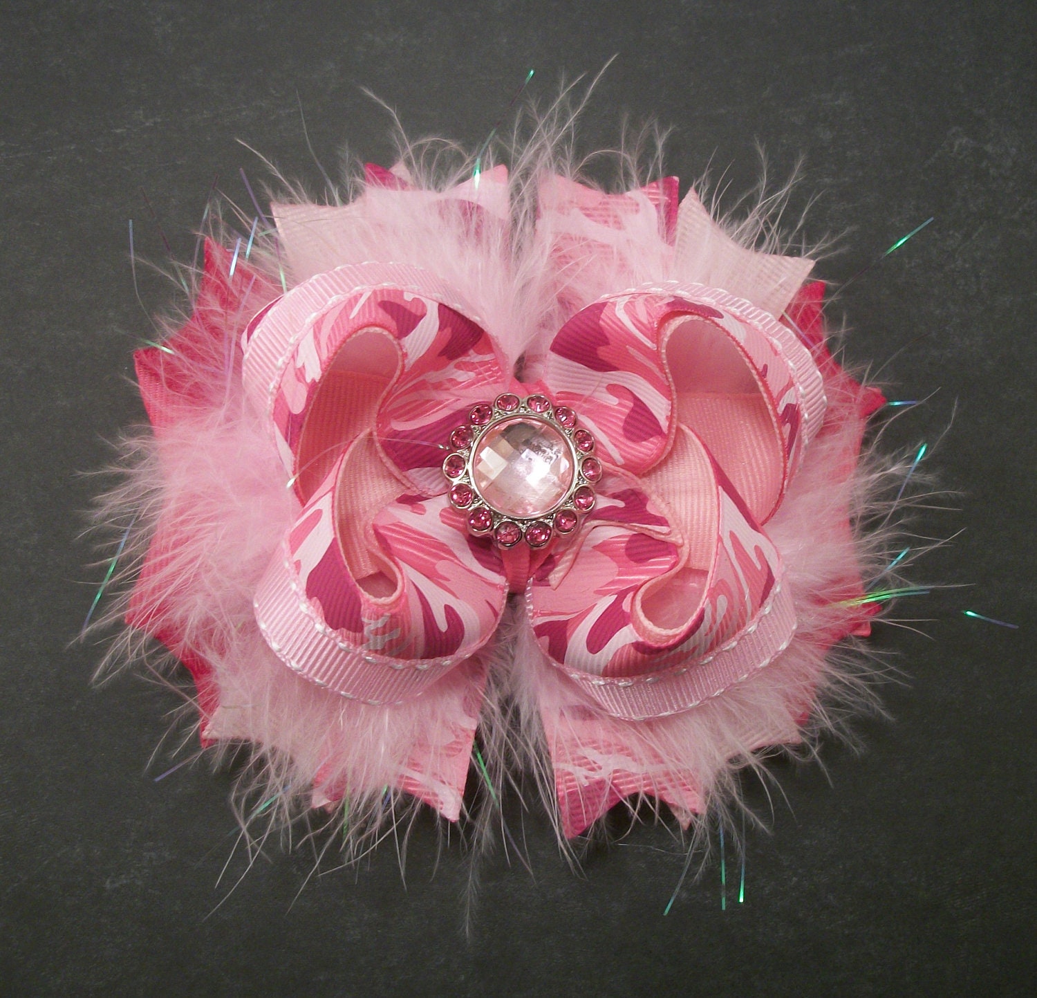 Pinks Camouflage Bow Fluffy Boutique Bow with Rhinestone Button Center