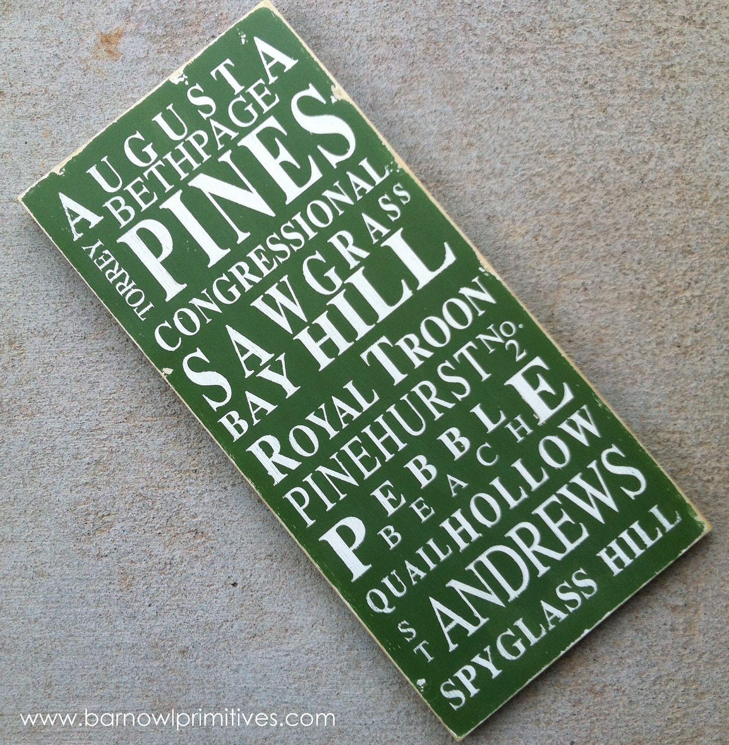 Famous Golf Courses Typography Word Art Sign in Green Heavily Distressed - The Perfect Gift for Dad