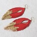 Leather Feather Earrings. Red with Gold Gilded Tip Earrings. Gold Leafed Sparkling Bohemian. Free Shipping worldwide