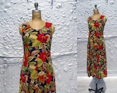 vintage 1980s dress E. D. Michaels empire waist tropical sundress floral botanical island print long rayon small s medium m