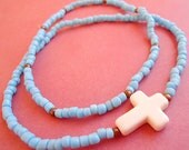 White Magnesite Cross, Turquoise Seed Beads, & Copper Round Spacers Stacking Bracelet Set