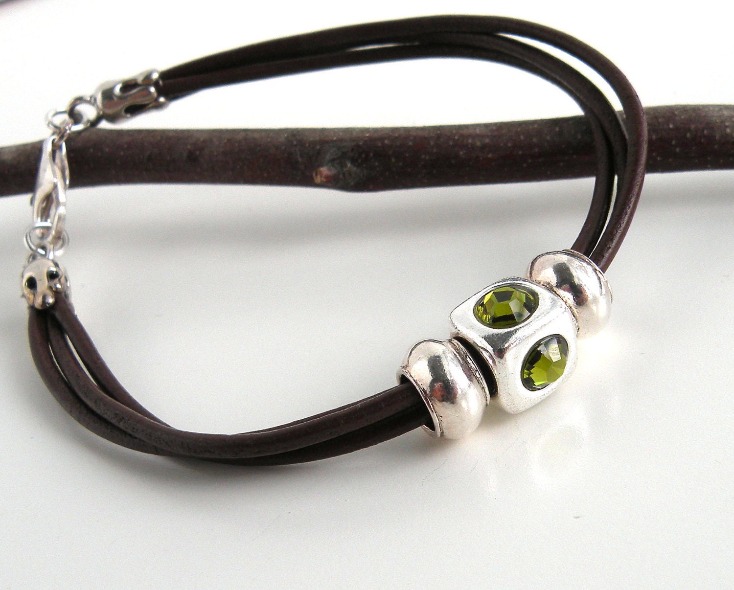 Green Silver Swarovski Crystal Bracelet Leather Accessories Brown Leather Bracelet