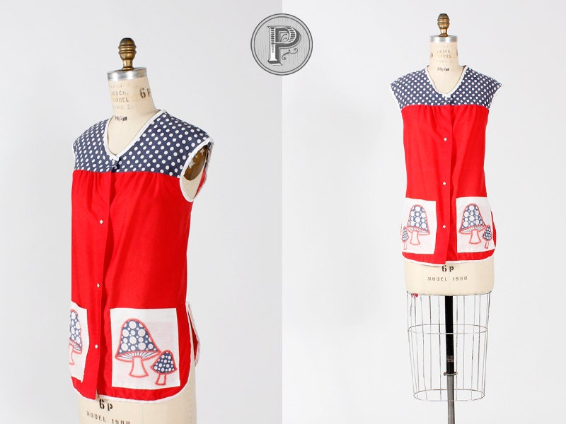 BLOWOUT SALE // 60s apron - red white blue mushrooms polka dots kitsch: Patriotic Mushrooms (w860r01-1)