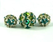 Beaded Bead Set - Round Bead and Two Spacers, Green, Silver and Teal - thecuriouscupcake