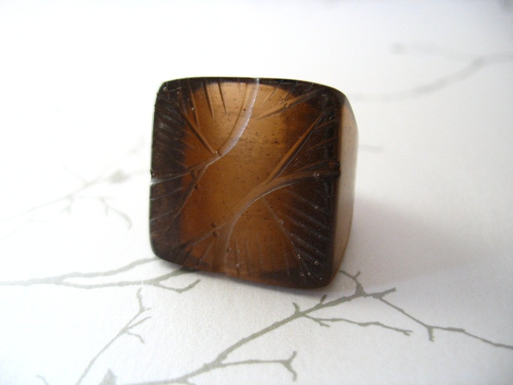 French roast brown resin ring jewelry statement , chocolate brown square resin ring jewellery , size 8 feather resin ring , cocktail ring