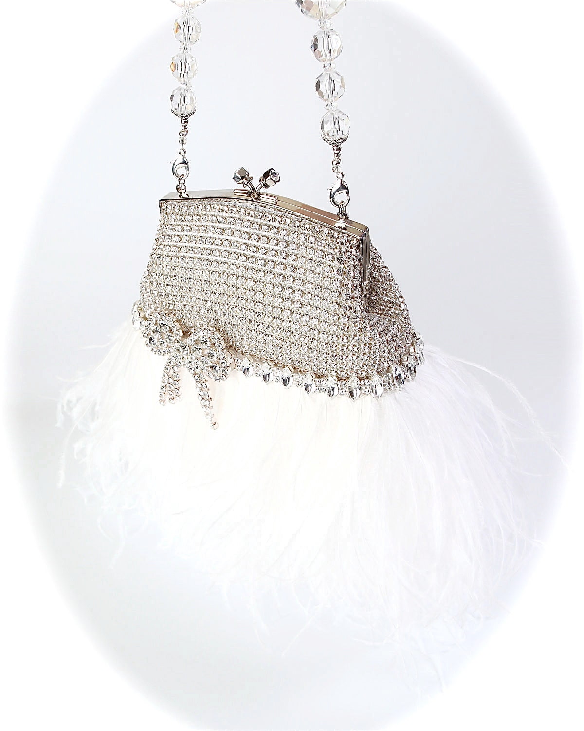 ON SALE Rhinestone Bridal Clutch Purse Vintage Style with White Ostrich Feathers, Rhinestone Bow Accent, and Beaded Handle/Necklace