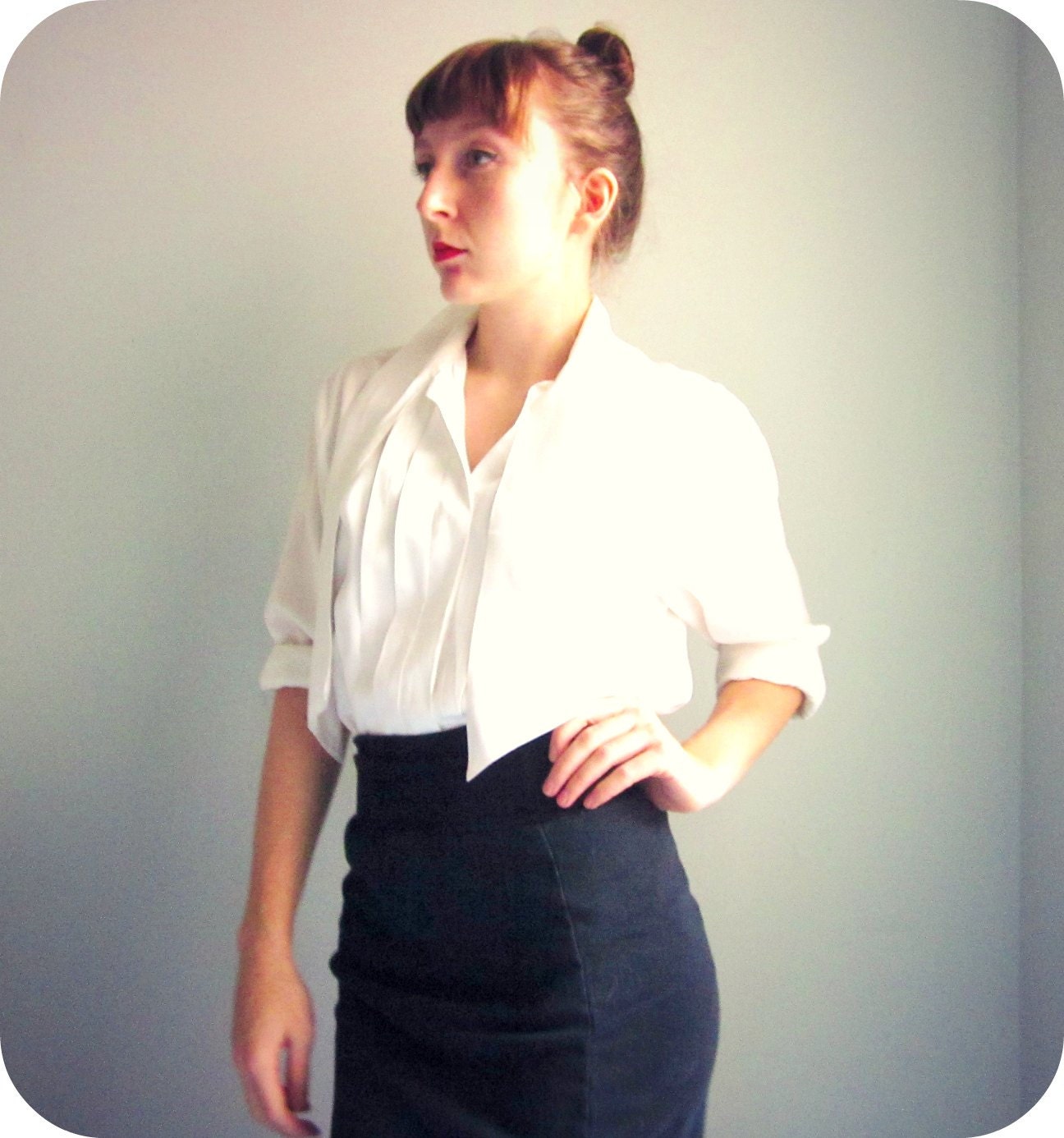 secretary ASCOT shirt pleated dressy dinner button up in white size m- xl