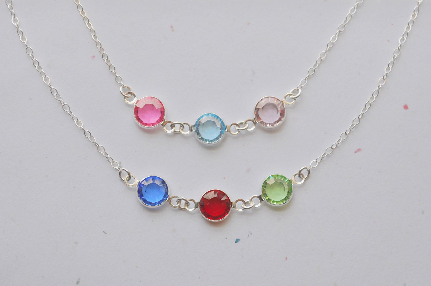 Three Pebbles Necklace - tiny round swarovski crystal gem sterling silver - custom birthstone colors - simple everyday mommy jewelry