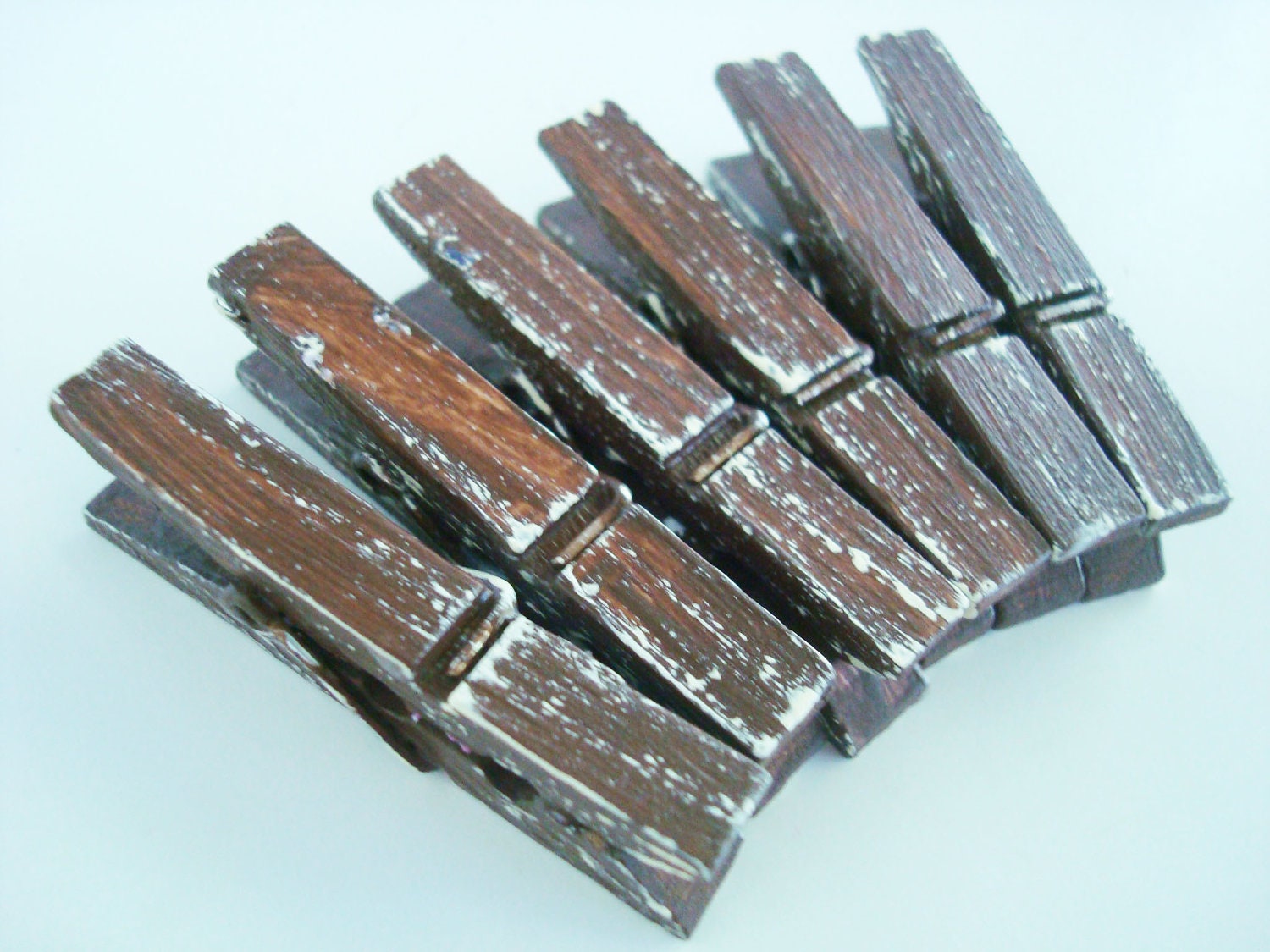 Chocolate & Cream (Brown/Ivory) Distressed Mini Clothes Pins - Rustic 6 Pack