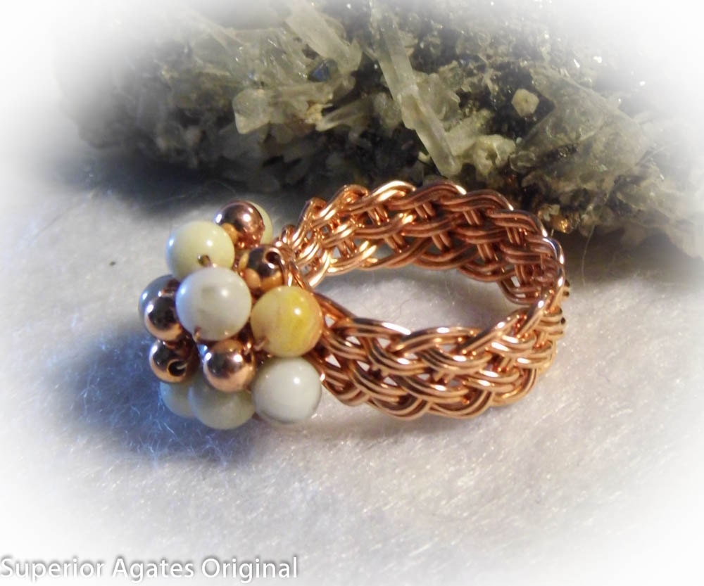 Agate Beaded Wire Woven Copper Ring Size 6