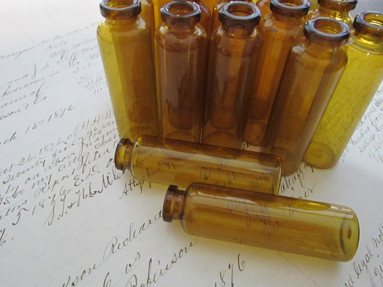 RESERVED for kerry - 20 small glass bottles - light brown, amber, vials - just under 2.5 inches tall