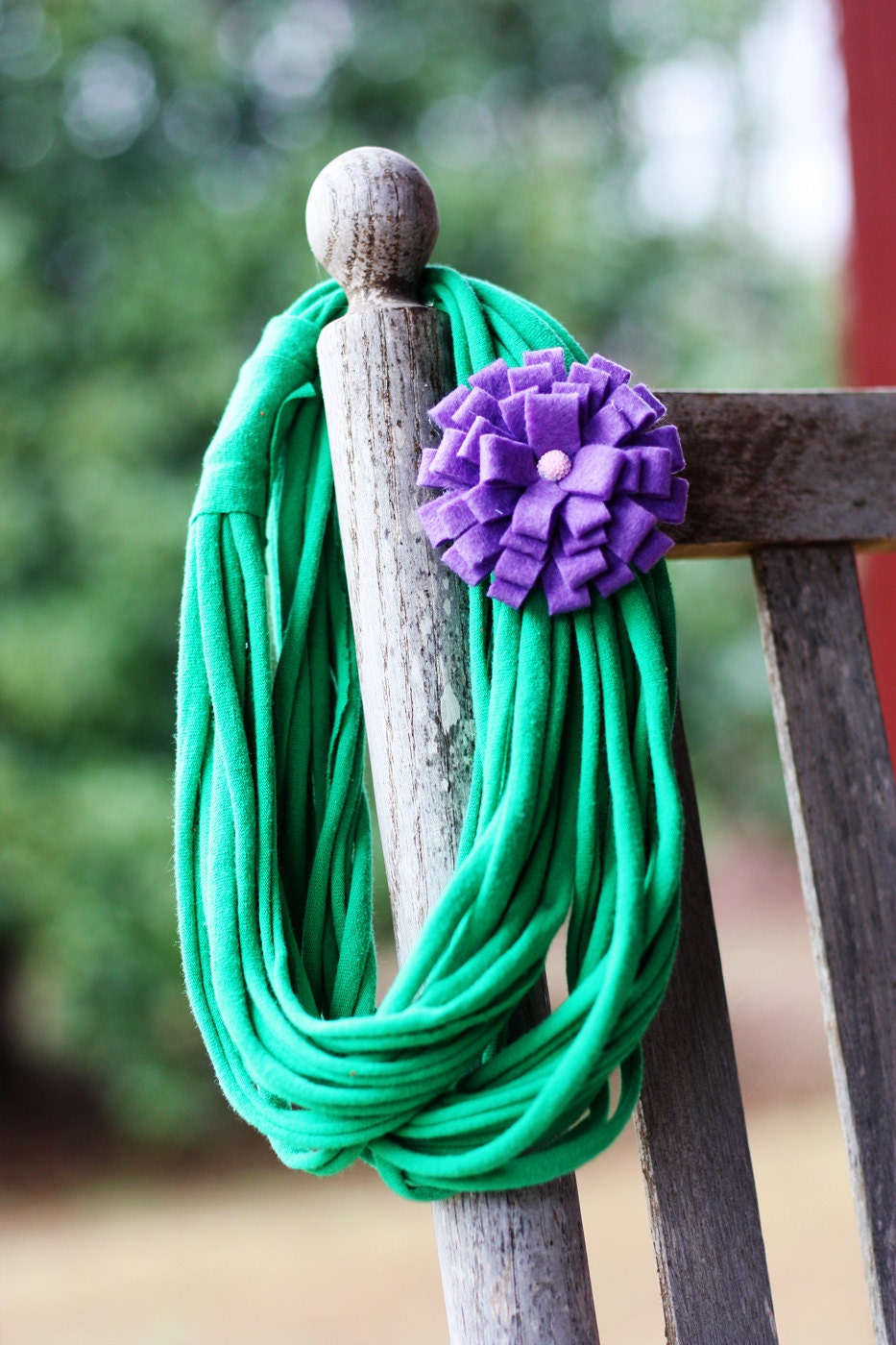 Infinity Scarf Necklace with Felt Rosette Brooch - Green with Lavendar Rosette Light Pink Center