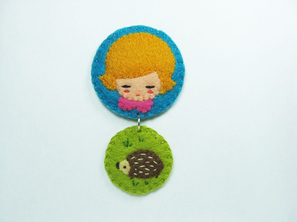 Girl and her pet felt brooches